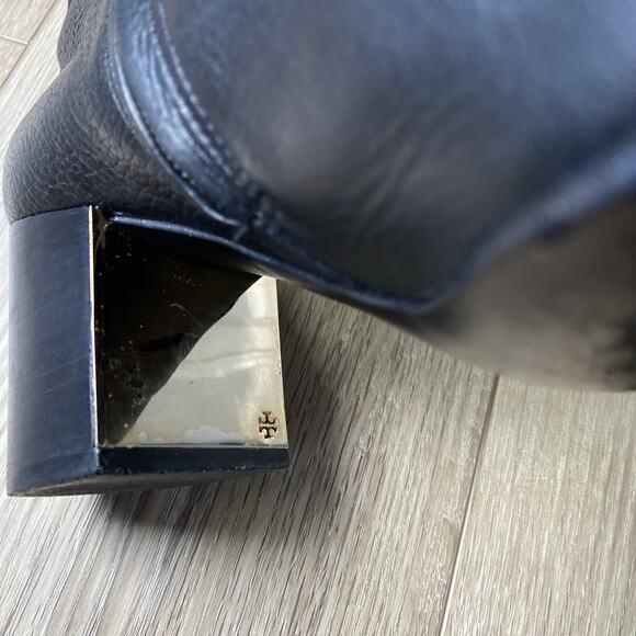 Tory Burch Cleveland Ankle Bootie Women Sz 8.5 Black Leather Block Heel Gold - Picture 8 of 12